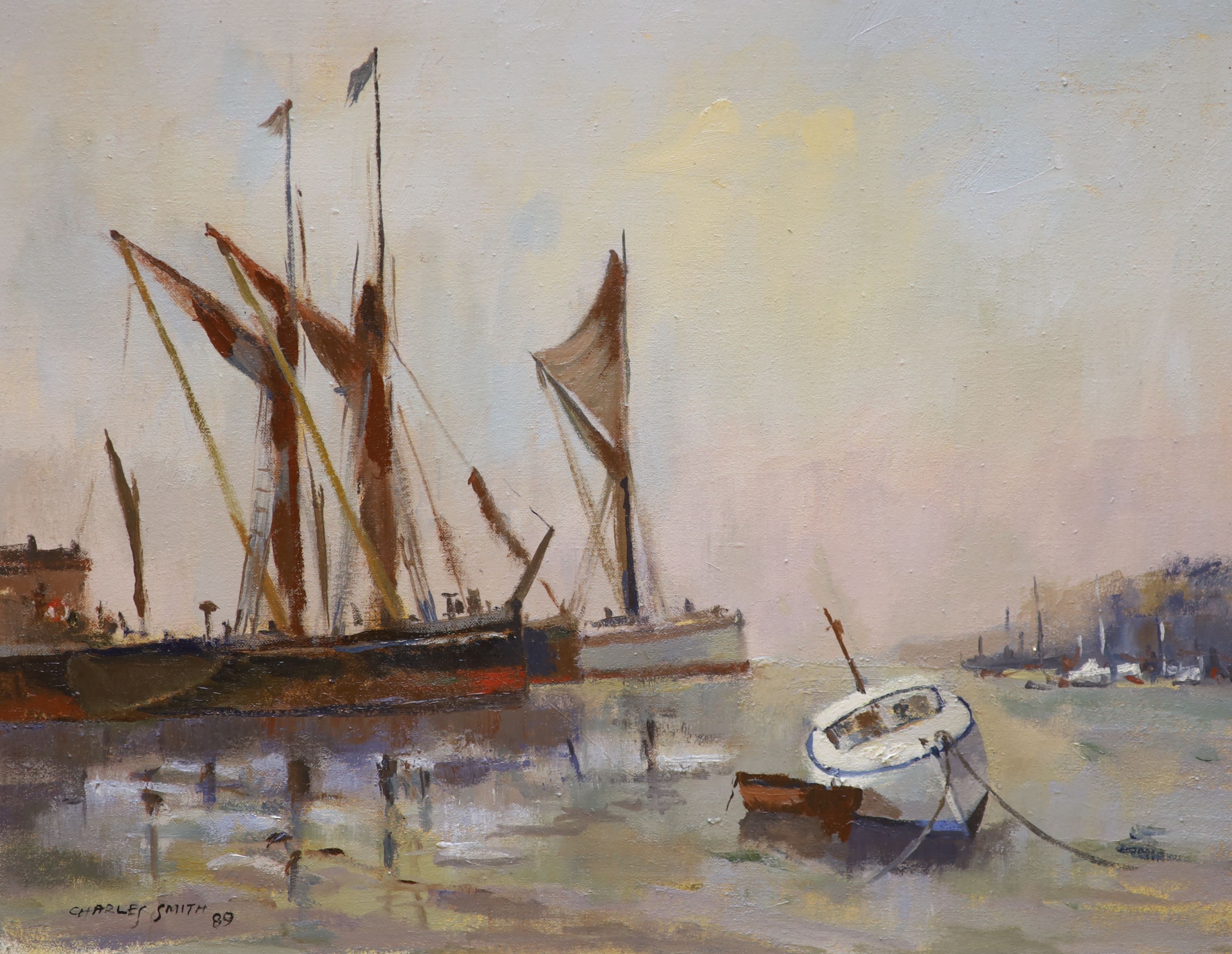 Charles Smith (Wapping Group), two oils on board, 'Bugbys, Greenwich Reach' and 'Barges at Pin Mill, Suffolk', signed 35 x 45cm